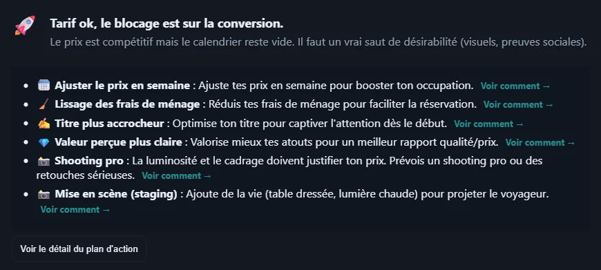 Plan d'action priorisé d'un audit RentMetric avec conseils d'optimisation
