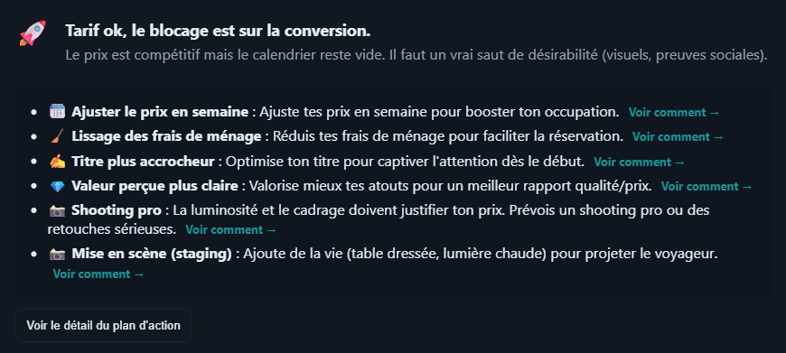 Conseils d'optimisation priorisés dans un audit RentMetric